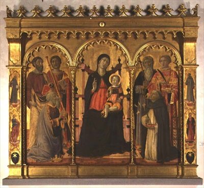 Azizlerle Enthroned Madonna ve Çocuk (üç parçalı) by Lorenzo di Pietro Vecchietta