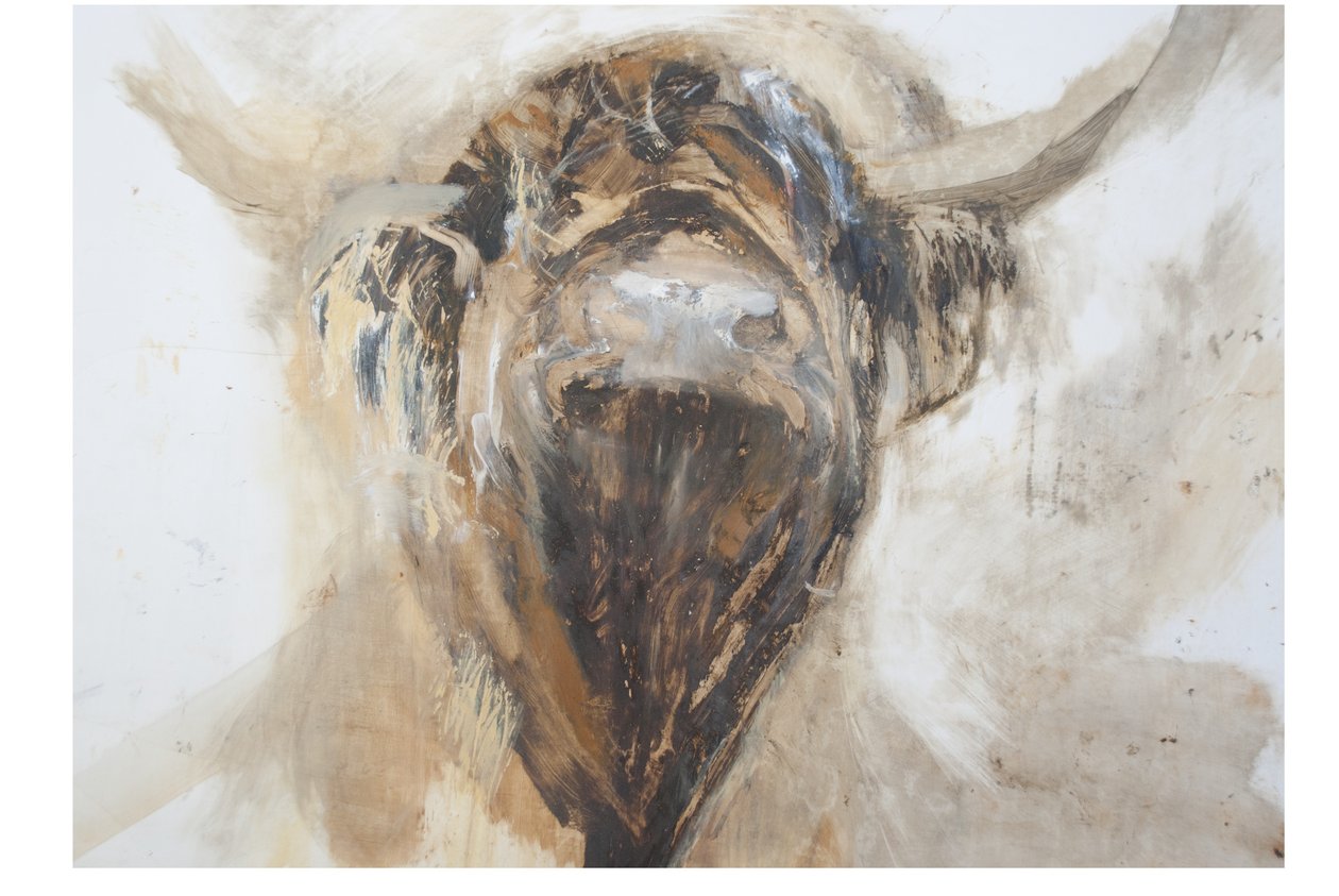 La Vache,Cow, 2015,(kağıt üzerine gesso üzerine yağlı ve karışık teknik) by Lou Gibbs