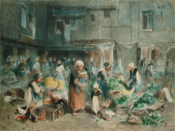 ಟೌನ್ ಸ್ಕ್ವೇರ್‌ನಲ್ಲಿ ಮಾರುಕಟ್ಟೆ, 1847 (ಪೆನ್ & ಇಂಕ್ ಮತ್ತು ಡಬ್ಲ್ಯೂಸಿ ಪೇಪರ್) ಟರ್ಕ್ by Louis Adolphe Hervier