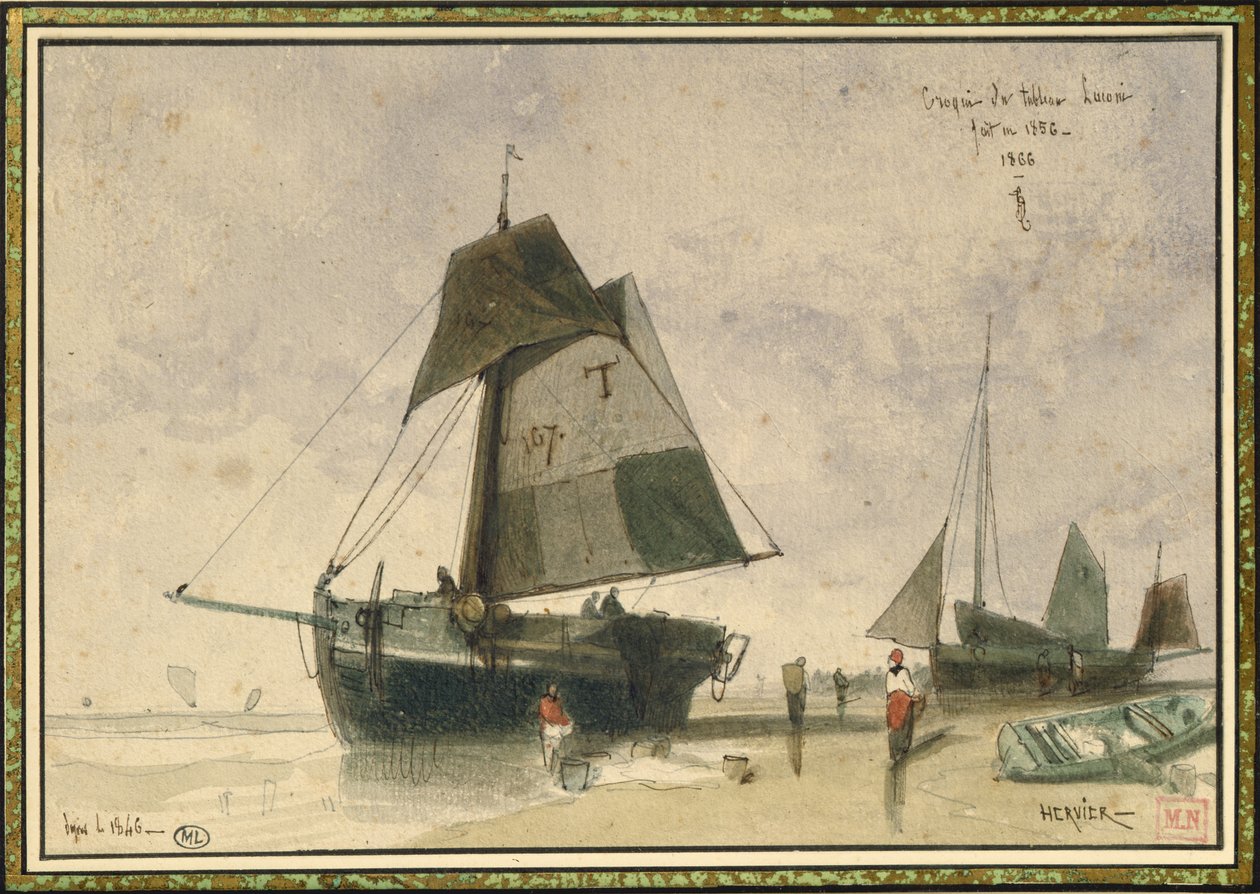 İki Balıkçı Teknesi, 1856 (kağıt üzerine kalem & mürekkep ve wc) by Louis Adolphe Hervier