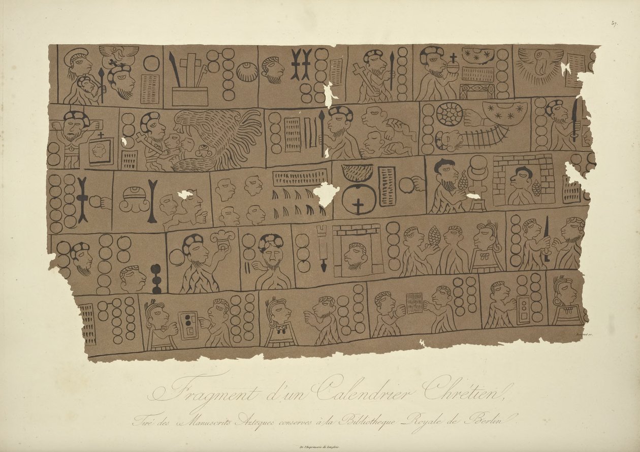 Fragment of a Christian Calendar, drawn from an Aztec manuscript in the Berlin State Library, illustration from Vues des Cordillères et Monumens des Peuples Indigènes de lAmérique by Alexander von Hum by Louis Bouquet