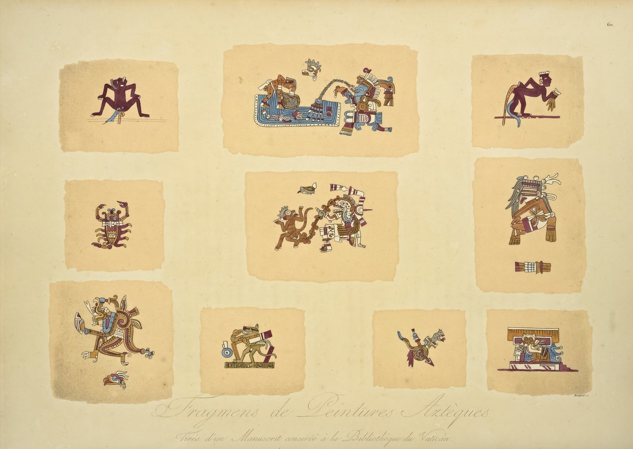 Fragments of Aztec Paintings, from the Manuscript Conserved in the Vatican Library, illustration from Vues des Cordillères et Monumens des Peuples Indigènes de lAmérique by Alexander von Humboldt and  by Louis Bouquet