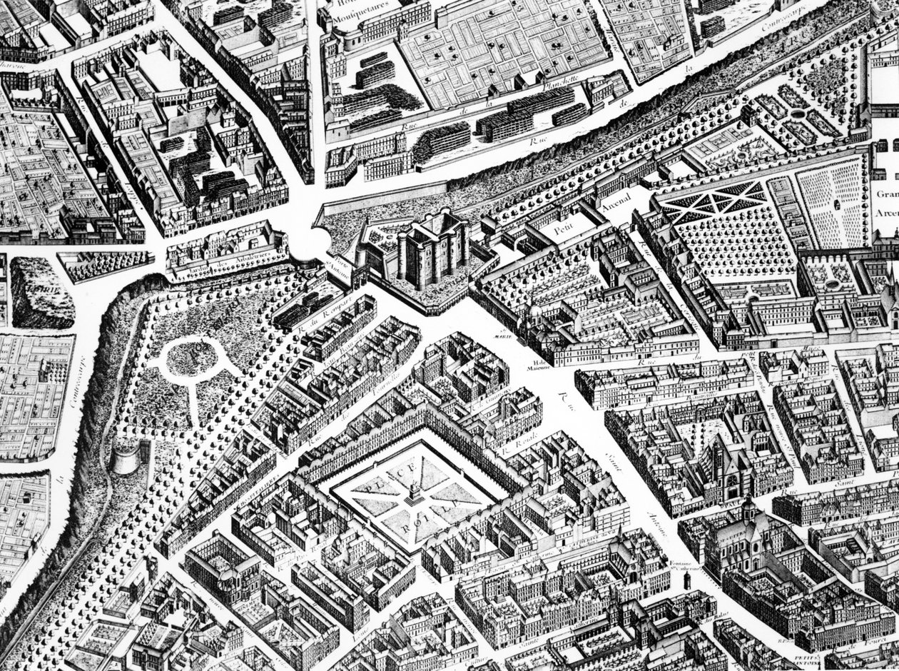 Bastille, Place Royale şimdi Place des Vosges ve Rue Saint-Antoine, Plan de Turgot olarak bilinen Paris Planından detay, Claude Lucas tarafından oyulmuş, 1734-39, 233535 oyma detayı by Louis Bretez