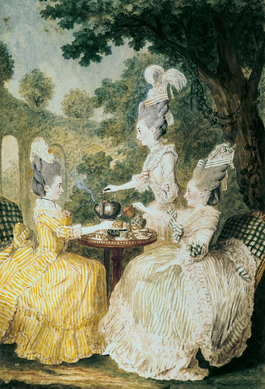 La Marquise de Montesson, La Marquise de Crest ve la Comtesse de Damas çay içiyor (kağıt üzerine suluboya) by Louis Carrogis dit Carmontelle