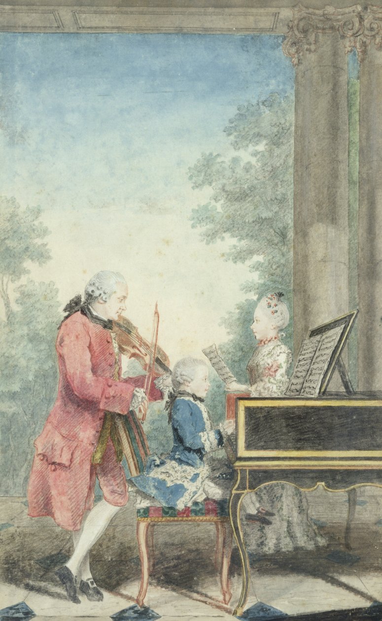 Leopold Mozart (1719-87) ve Çocukları Wolfgang Amadeus (1756-91) ve Maria Anna (1751-1829) 1777 by Louis Carrogis dit Carmontelle