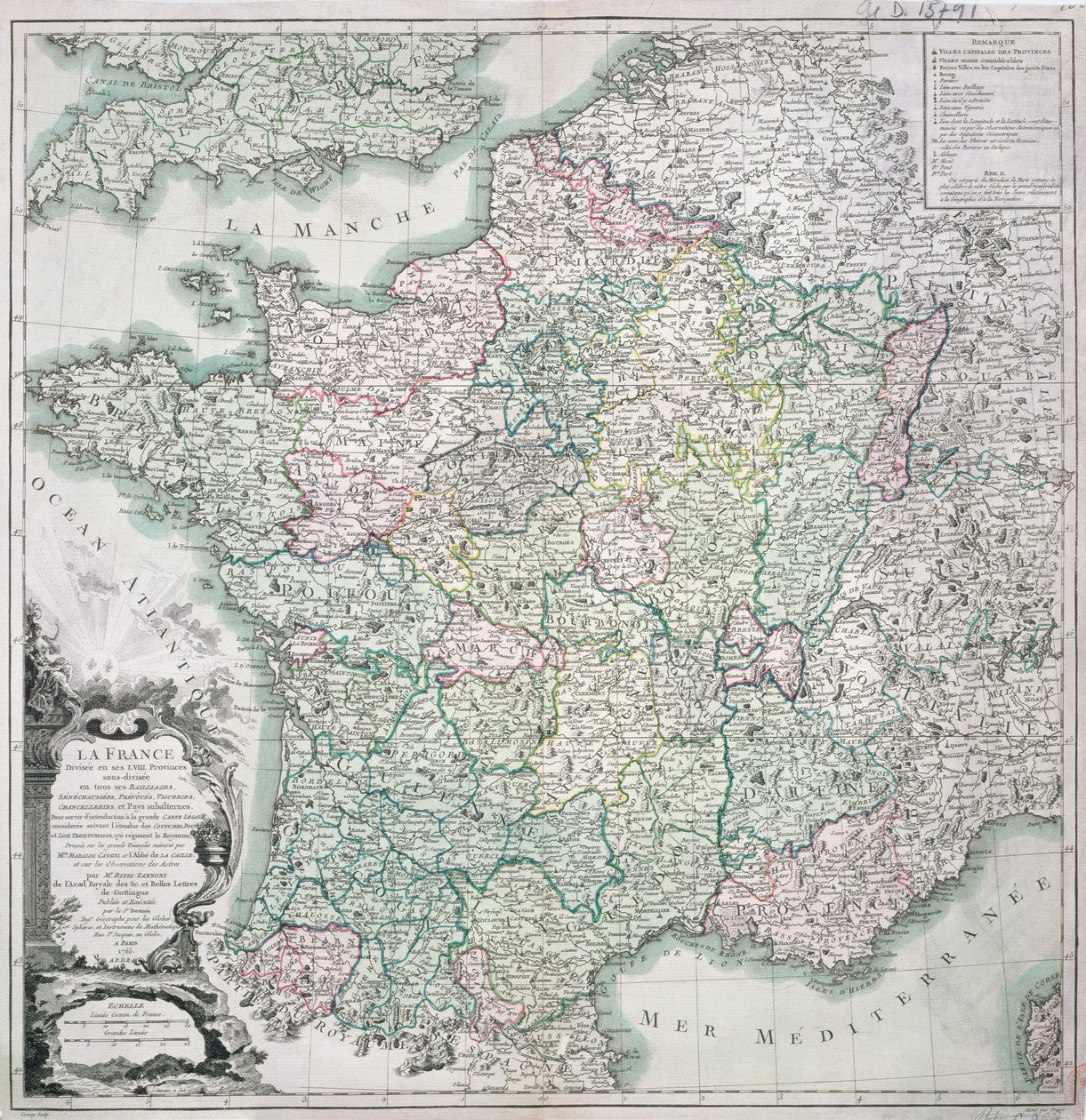 58 Eyalete Bölünmüş Fransa Haritası, 1765 by Louis Charles Desnos