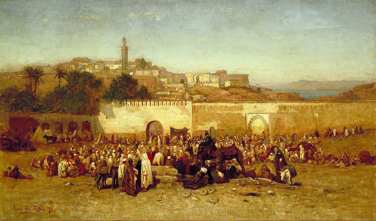 Tangiers, Fas duvarlarının dışında pazar günü by Louis Comfort Tiffany