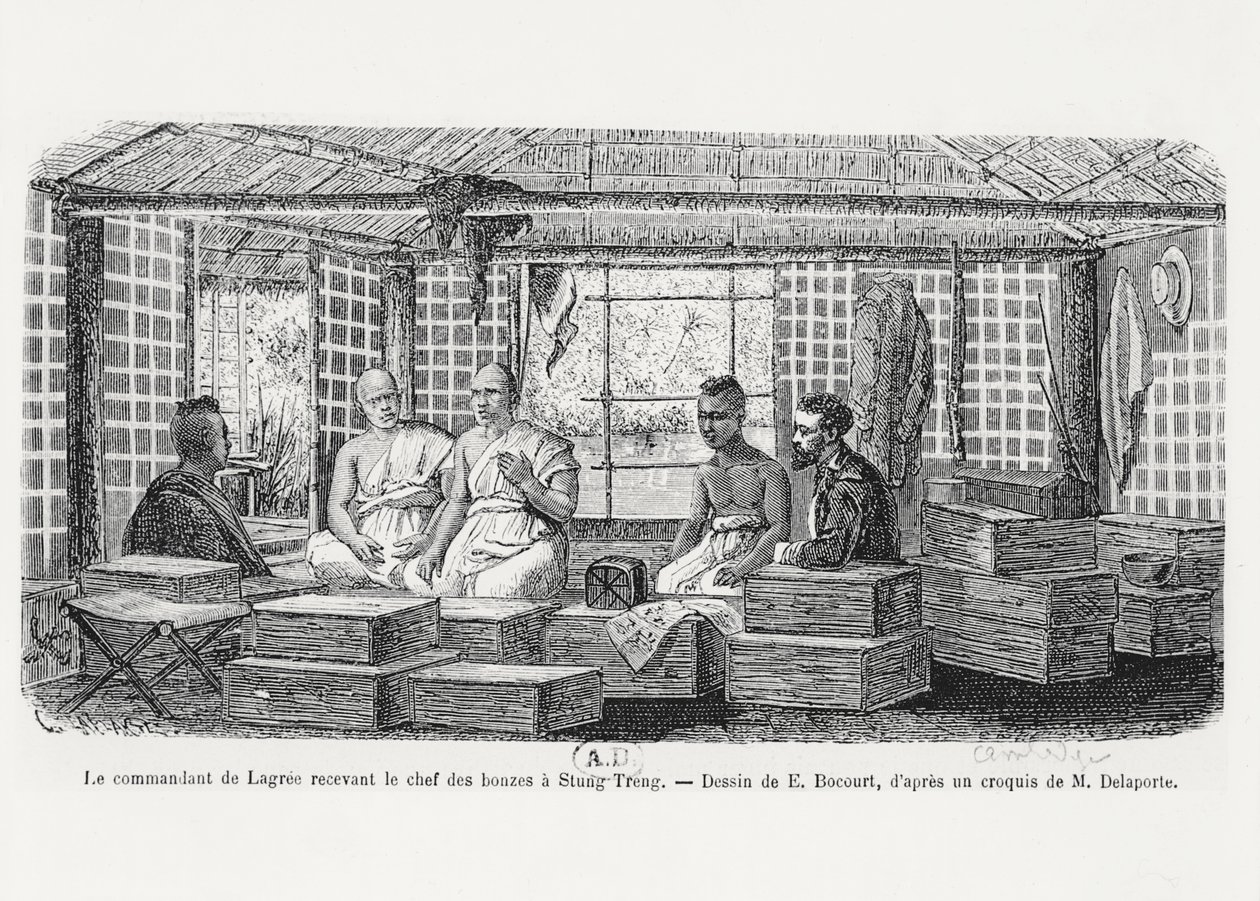1868 ಟರ್ಕ್‌ನ ಕಾಂಬೋಡಿಯಾದ ಸ್ಟಂಗ್ ಟ್ರೆಂಗ್‌ನಲ್ಲಿ ಸನ್ಯಾಸಿಗಳ ಮುಖ್ಯಸ್ಥರನ್ನು ಕಮಾಂಡರ್ ಲಾಗ್ರೀ ಸ್ವೀಕರಿಸುತ್ತಿದ್ದಾರೆ by Louis Delaporte