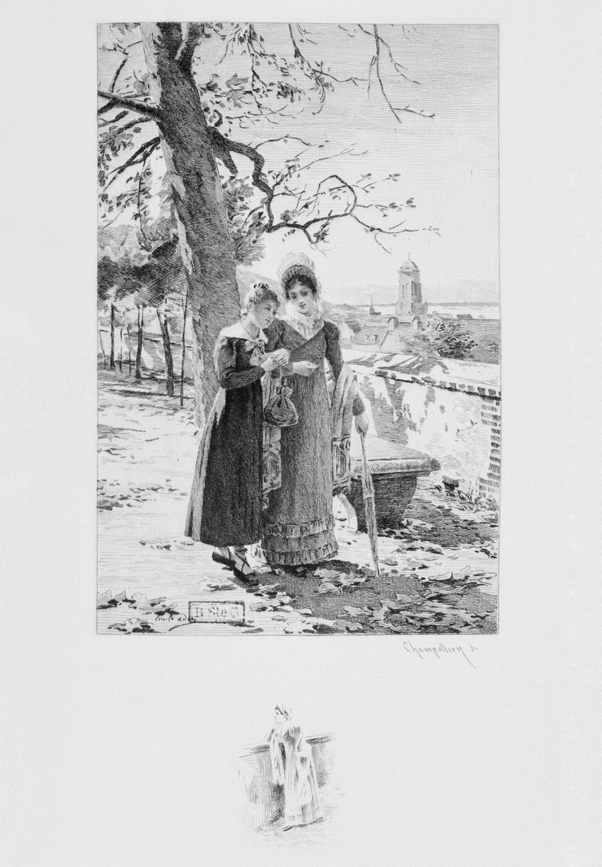 Madame Aubain ve Felicite, Gustave Flaubert'in (1821-80) 'Un coeur simple' adlı eserinden illüstrasyon, 1894'te yayınlandı, Eugene Andre Champollion (1848-1901) tarafından gravürlendi, Paris, Libraire Publisher A. Ferroud (etchi) by Louis Emile Adan