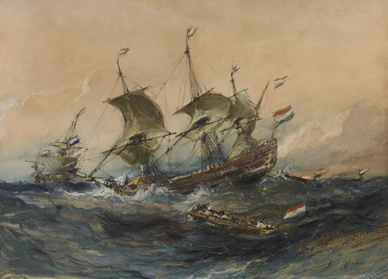 Fırtınada Hollanda Gemileri, 1839 (dokuma kağıt üzerine wc ve guaj boya) by Eugene Isabey