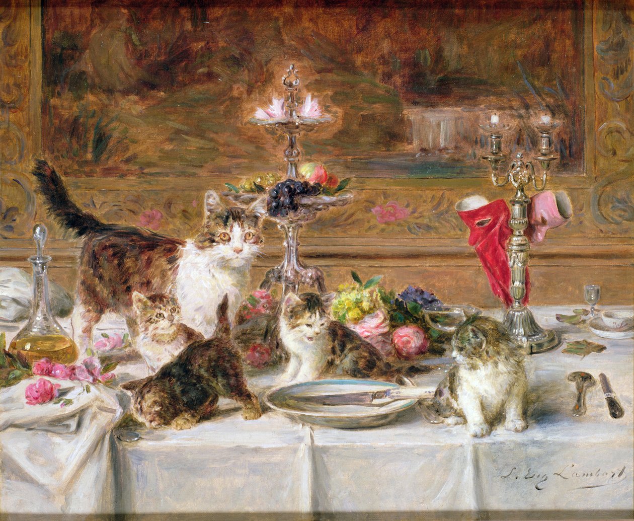 Bir ziyafette kedi yavruları, 19. yüzyıl by Louis Eugene Lambert