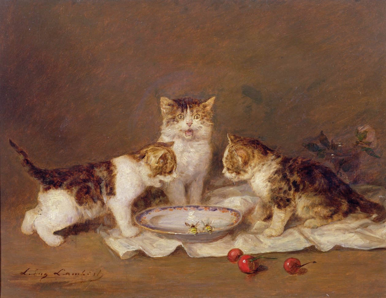 Üç kedi, kırmızı kiraz ve arılar by Louis Eugene Lambert