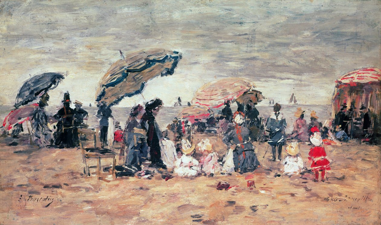 Sahilde Şemsiyeler, Trouville, 1886 (panel) by Eugene Louis Boudin