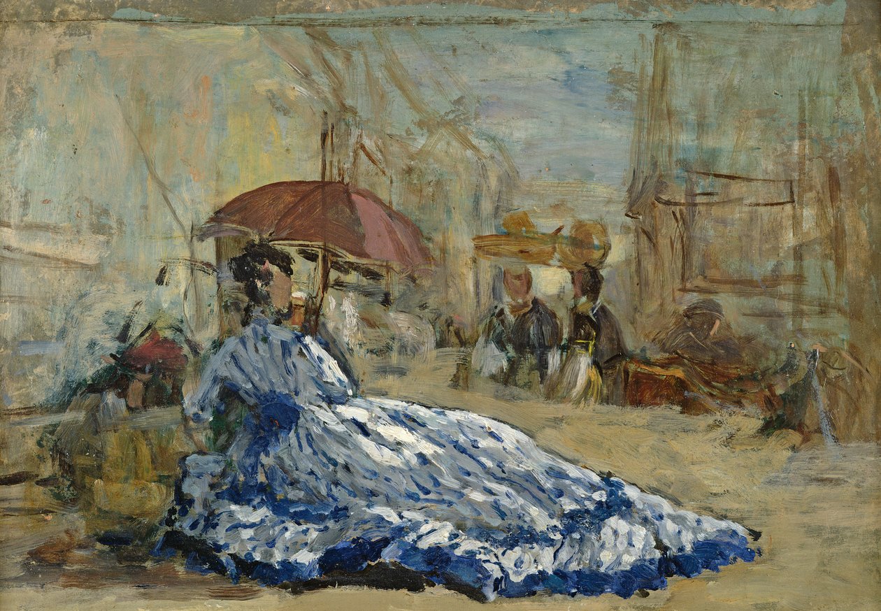 Şemsiyenin altında mavi elbiseli kadın, c.1865 (kartta yağlı boya) by Eugene Louis Boudin