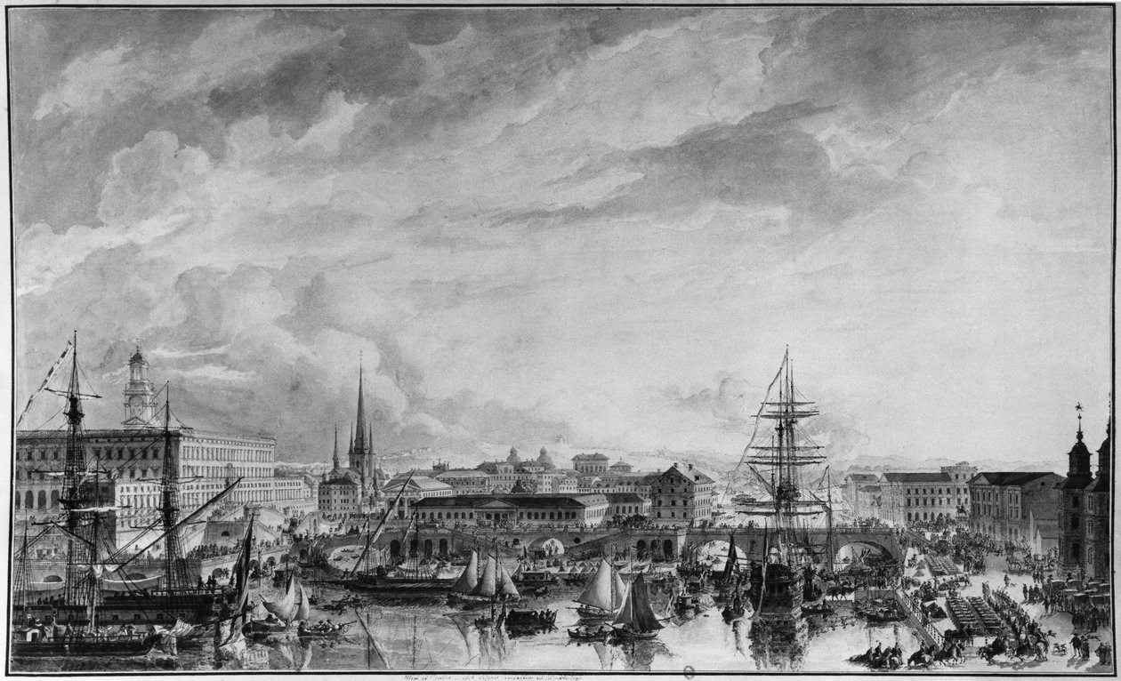 18. yüzyılın sonlarında Stockholm manzarası (kağıt üzerinde kalem ve yıkama) by Louis Jean Desprez