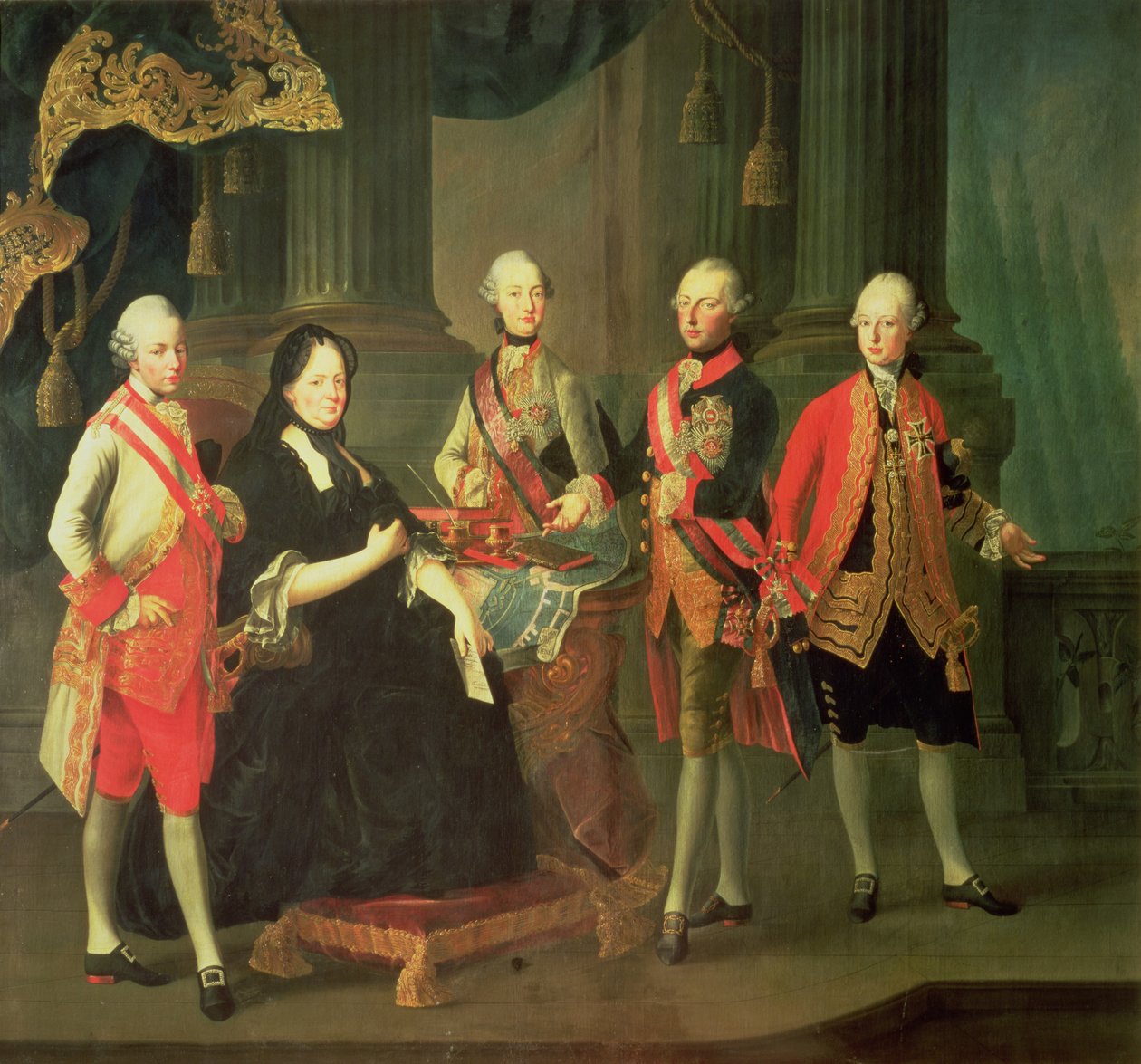 Avusturya İmparatoriçesi Maria Theresa (1717-80) ve dört oğlu; (LtoR) Joseph (1741-90), Ferdinand (1754-1806), Leopold (1747-92) ve Maximilian (1756-1801) by Louis Joseph Maurice