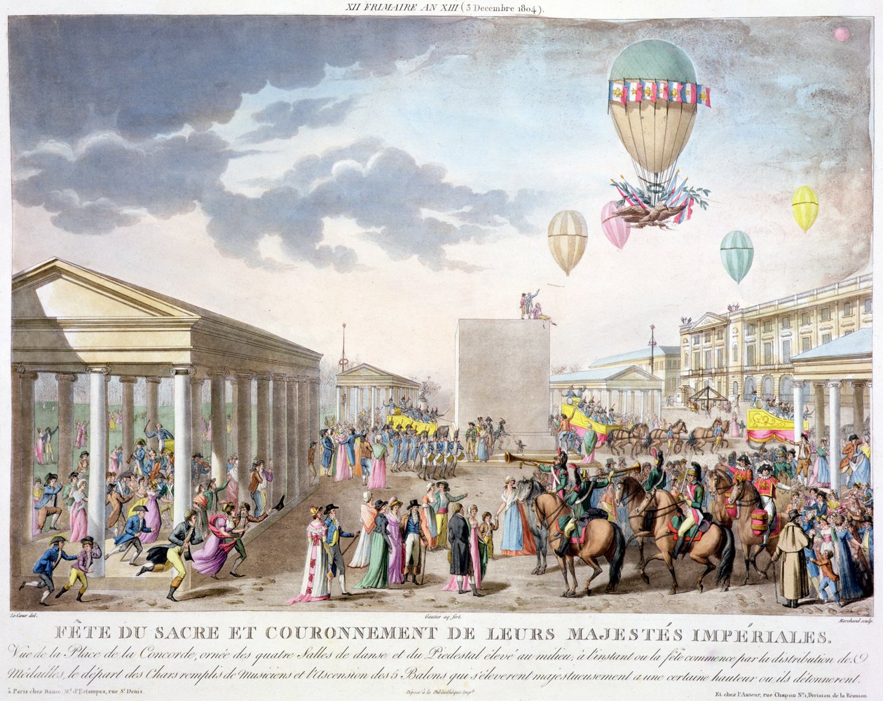 Kutsal Festival ve İmparatorluk Majestelerinin taç giyme töreni, Place de la Concorde, Paris, Marchand tarafından oyulmuş, 1806 yayınlandı (el ile renklendirilmiş gravür) by Louis Le Coeur