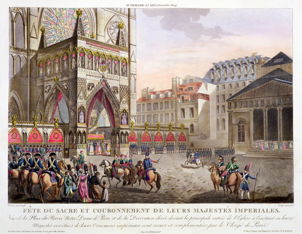 İmparatorluk Majestelerinin Kutsal Festivali ve Taç Giyme Töreni, Place du Parvis Notre Dame Manzarası, Dorgez tarafından oyulmuş (fl.1780-1814), yayınlanmış 1806 (el ile renklendirilmiş gravür) by Louis Le Coeur