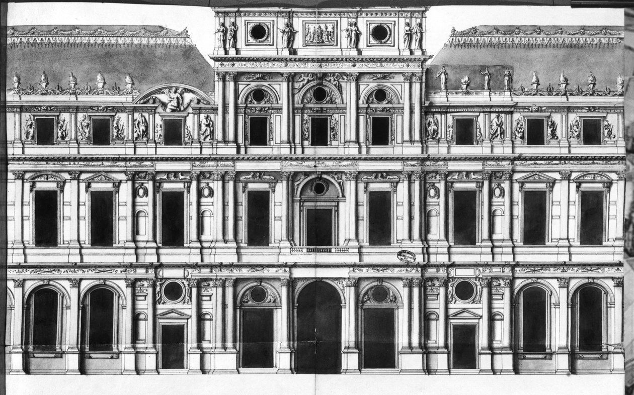 Louvre: Nehrin Ortasındaki Pavyonun Yükselişi, 1660-63 dolayları (kalem ve mürekkep ve kağıt üzerinde yıkama) by Louis Le Vau