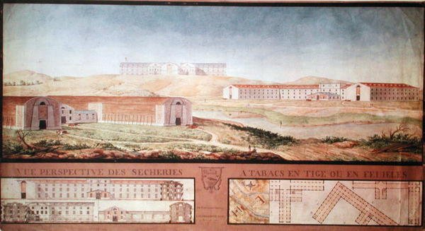 Tütün Kurutma Fabrikalarının Perspektif Görünümü, 1813 (kağıt üzerinde wc) by Louis Michel Phelippeaux