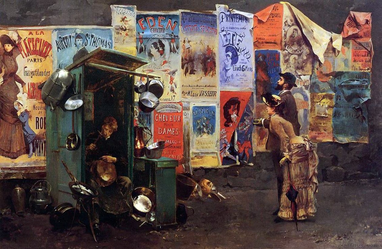 Duvardaki Posterler ve Metal Tencere Tamir Eden Adam, 1882 by Louis Robert Carrier Belleuse