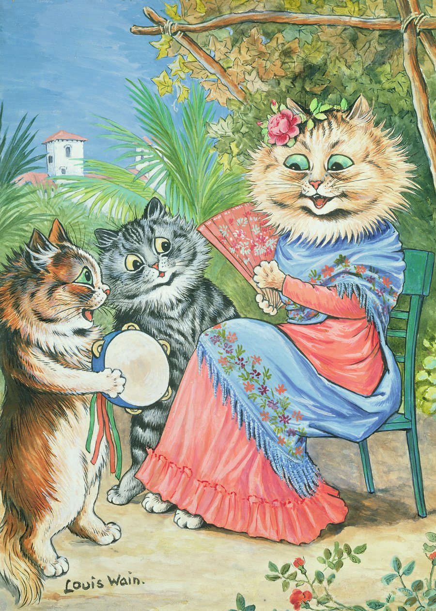 Fan ve iki yavru kedi ile anne kedi by Louis Wain