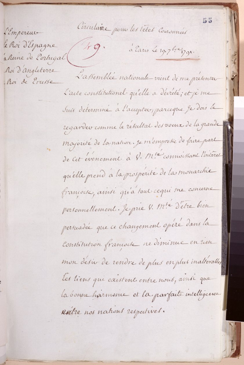 Louis XVI (1754-93) tarafından 1791 Anayasasını kabul etme kararını açıklayan Avrupa hükümdarlarına mektup, 19 Temmuz 1791 by Louis XVI