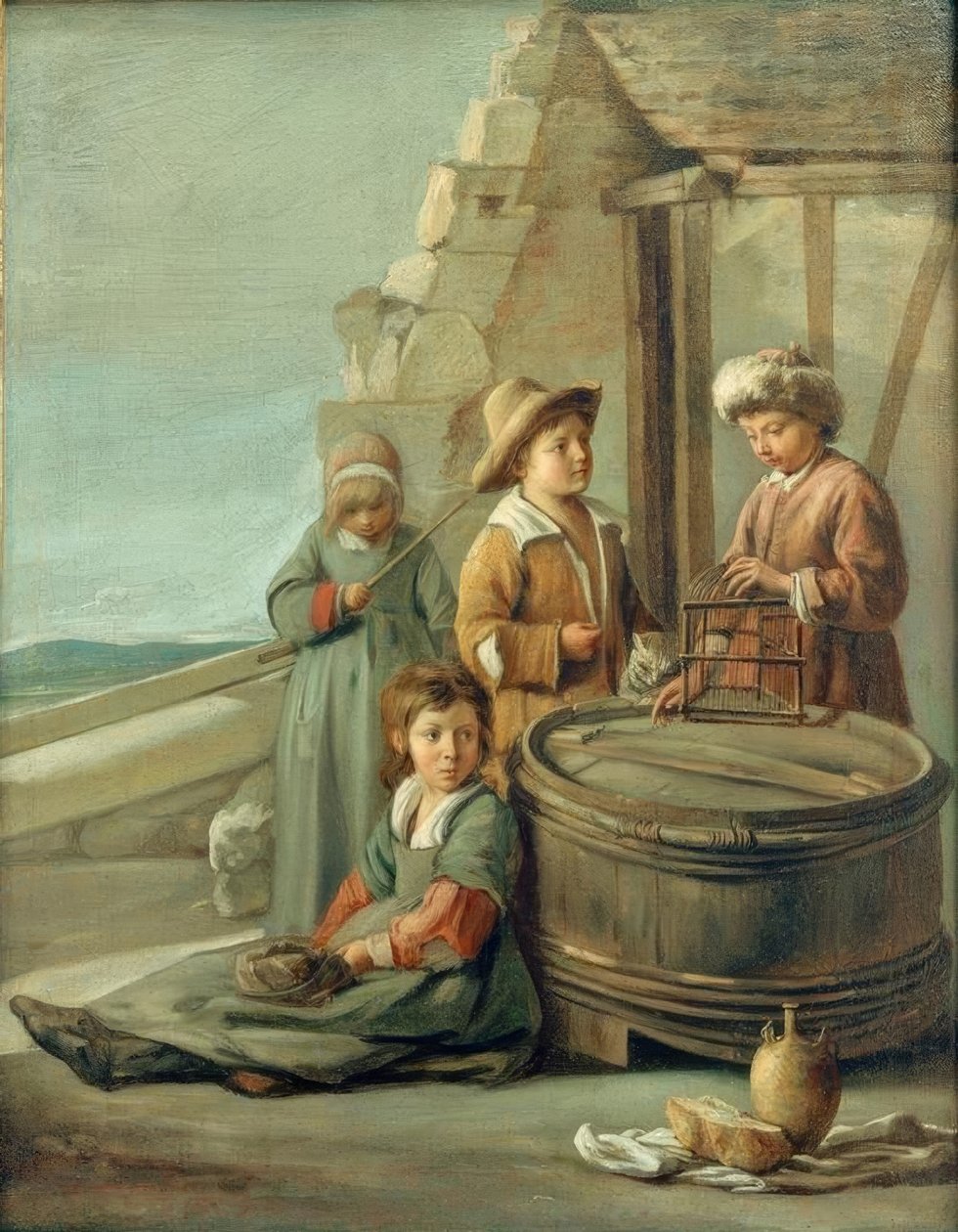 Kuş kafesi ve kedisi olan çocuklar by Louis le Nain