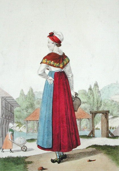 Gatin c.1820 tarafından oyulmuş geleneksel Lisieux kostümü (renkli gravür) by Louis Marie (after) Lante