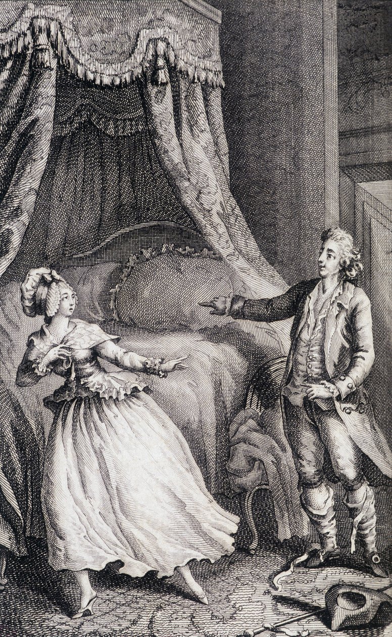 Yatak odasının yatağının önündeki çift - Restif de La Bretonne (1734-1806), hasta tarafından "" Les francaises ou, mevcut adetlerde kızları, kadınları, karıları, anneleri yönetmeye uygun 34 örnekte seçilmiştir. Binet, Neufchatel tarafından by Louis (after) Binet