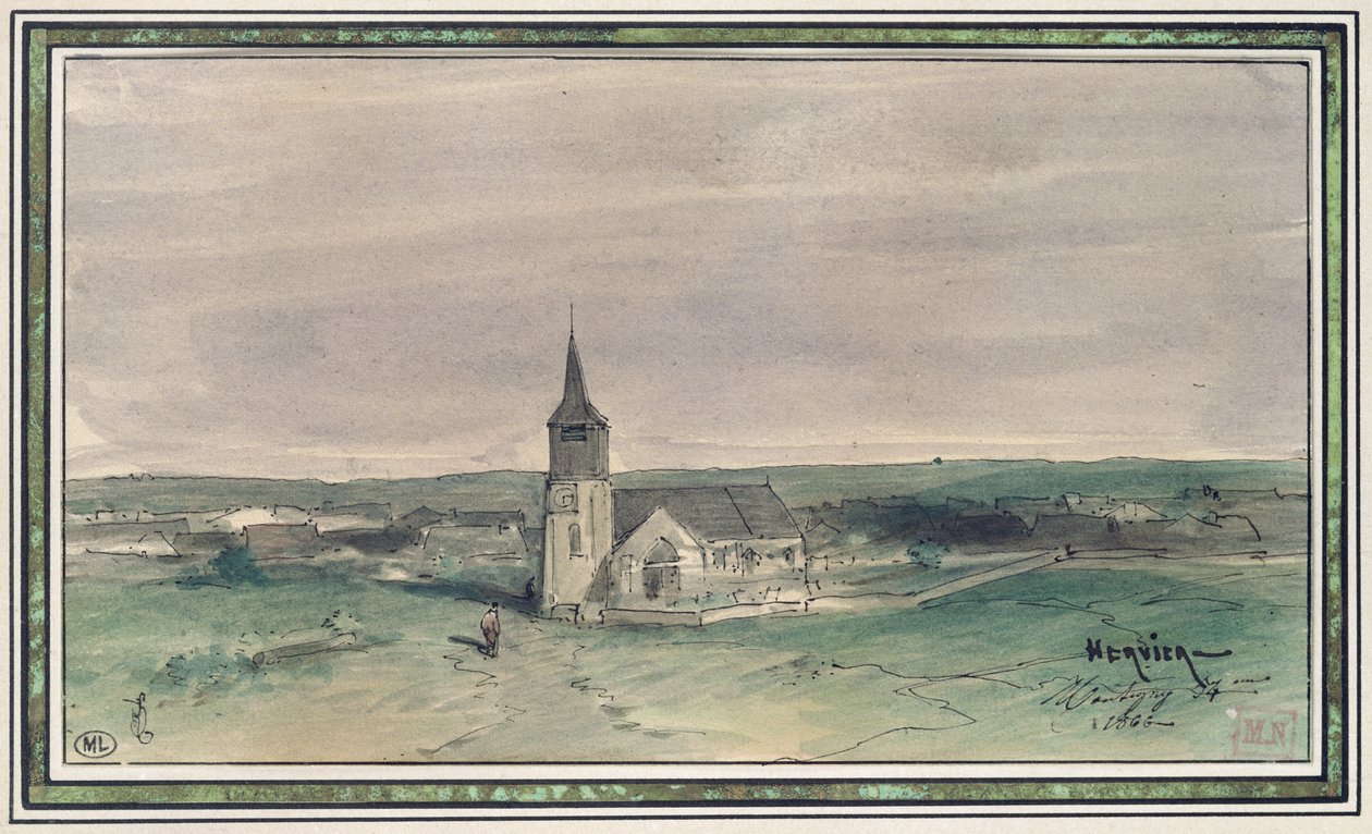 Bir Tarlanın Ortasındaki Kilise ve Köy, Montigny, 1866 (kağıt üzerinde kalem ve mürekkep ve tuvalet) by Louis Adolphe Hervier