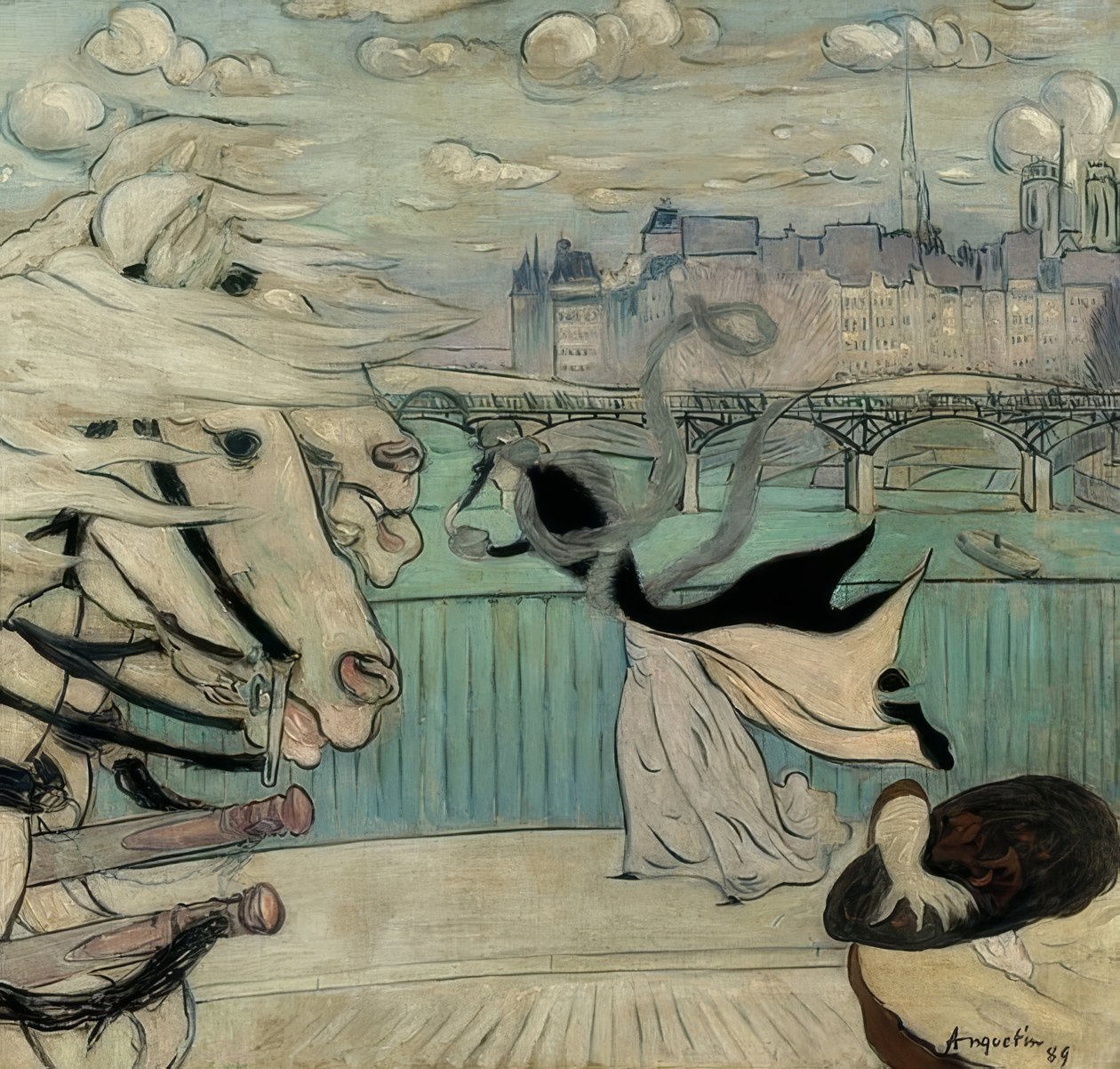 Seine köprüsünde rüzgar esiyor. 1889 by Louis Anquetin