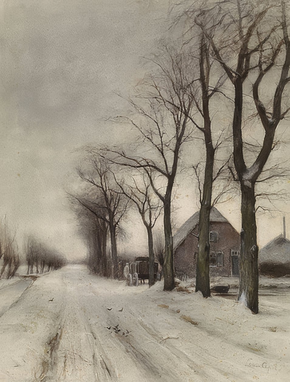 Winterlandschaft mit Bauernhof an einer Allee (bir cadde üzerinde çiftlik ile kış manzarası) by Louis Apol