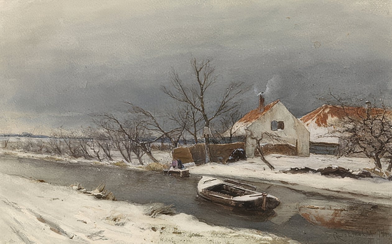 Winterlandschaft mit Häusern und einem Kanal (kanal üzerinde evlerin olduğu kış manzarası). 1874 by Louis Apol