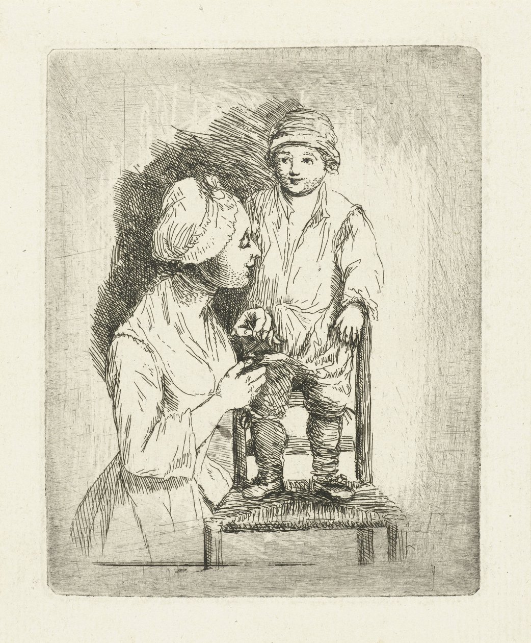 Bir anne oğlunun pantolonunu ilikliyor by Louis Bernard Coclers