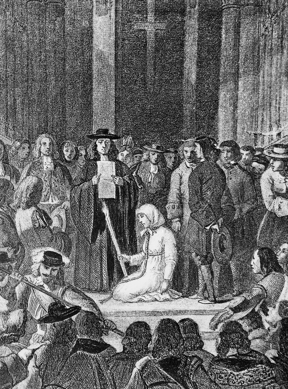 Affair of the Poisons, Marie-Madeleine d'Aubray, Marquise de Brinvilliers (1630-1676), Paris'teki Notre Dame Katedrali'nin zemininde diz çökmüş, gravür by Louis Boulanger
