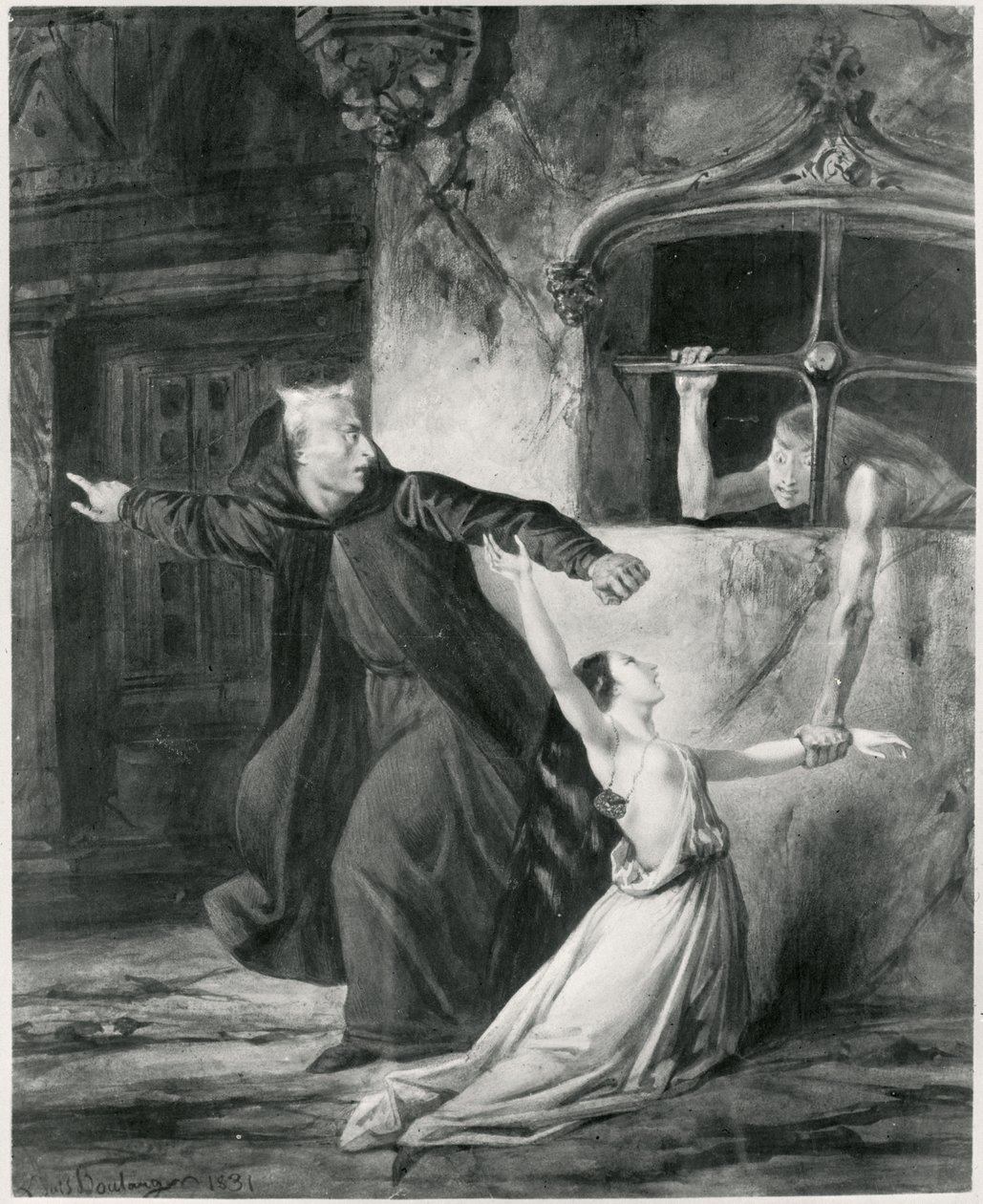 Sachette, Esmeralda ve Claude Frollo, Victor Hugo (1802-85), 1831 (bw) tarafından 