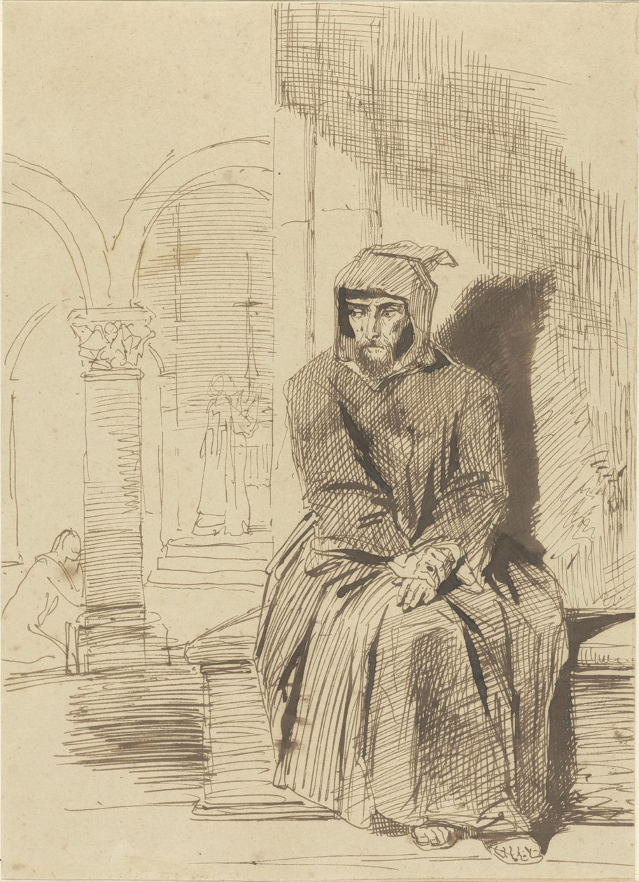 Keşiş oturmuş, tefekkür içinde, Mass arka planda kutlanırken by Louis Boulanger