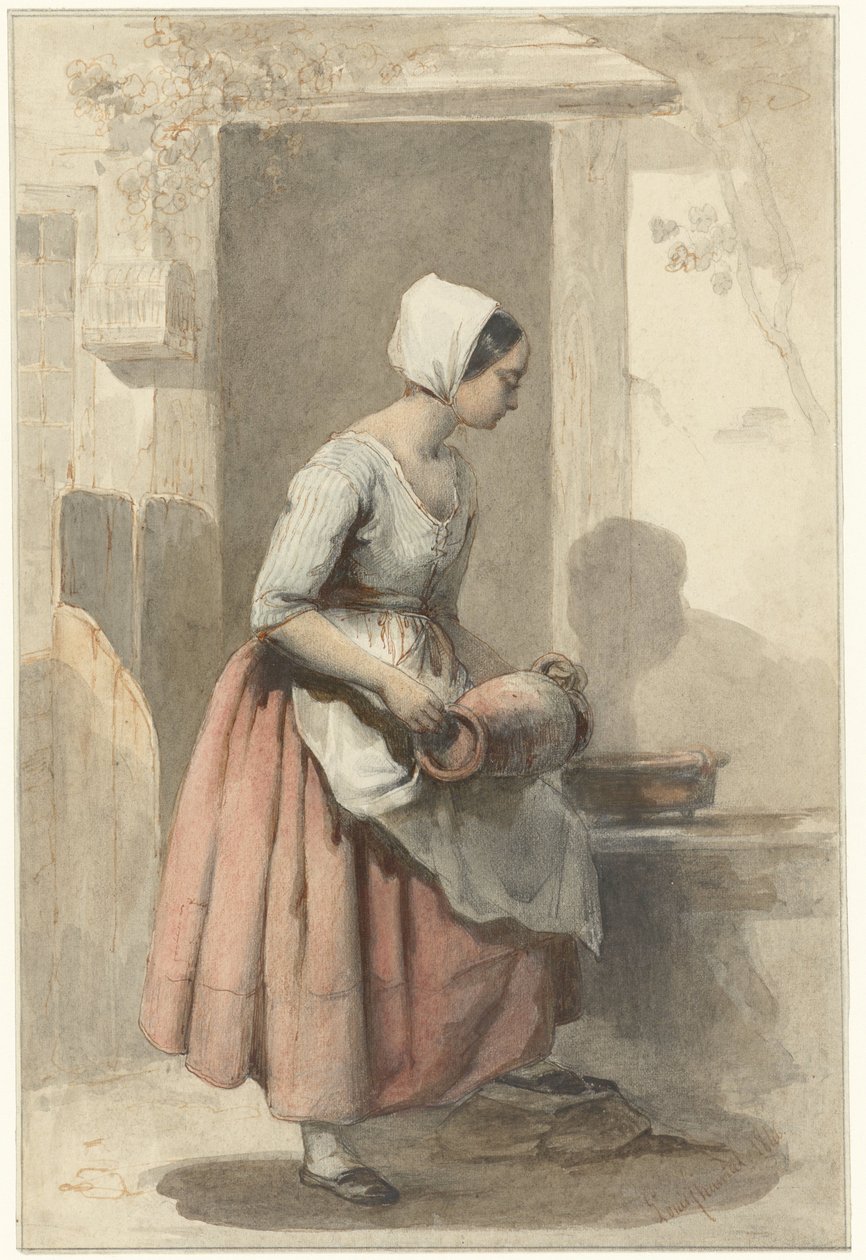 Bir evin girişinde bir sürahi ile kız by Louis Chantal