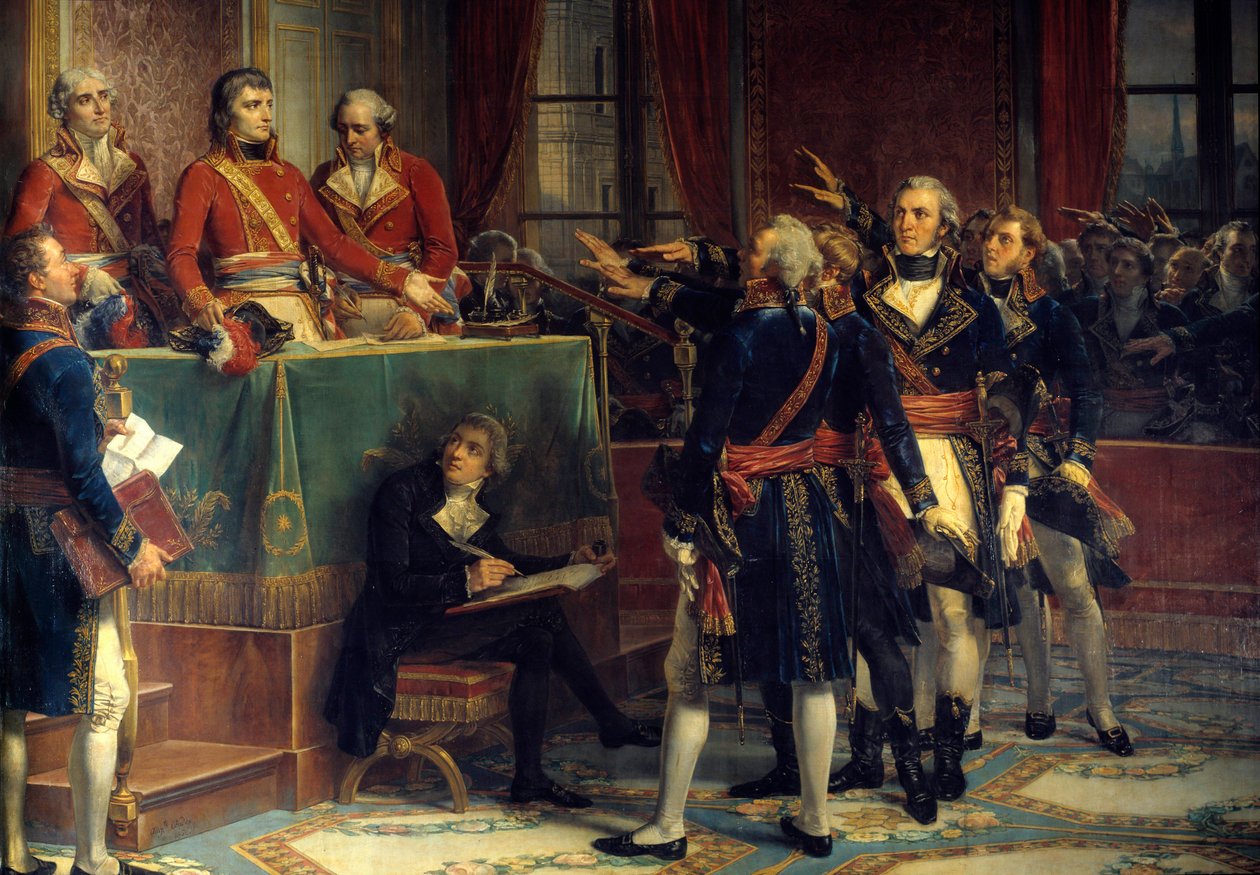 Üç konsolos: Bonaparte, Cambaceres ve Lebrun başkanların yeminlerini alırken Sağda, Emmanuel-Joseph (Emmanuel Joseph) Sieyes (1748-1836) ve Pierre-Roger (Pierre Roger) Ducos (Roger Ducos) (1747-1816). Louis Charles Auguste Coud