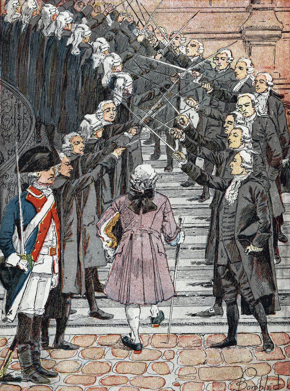 Fransız Devrimi: Fransa Kralı Louis XVI, Paris belediye binasına gelmeye çağrıldı, muhafızların “çelik tonozunu” geçti by Louis Charles Bombled