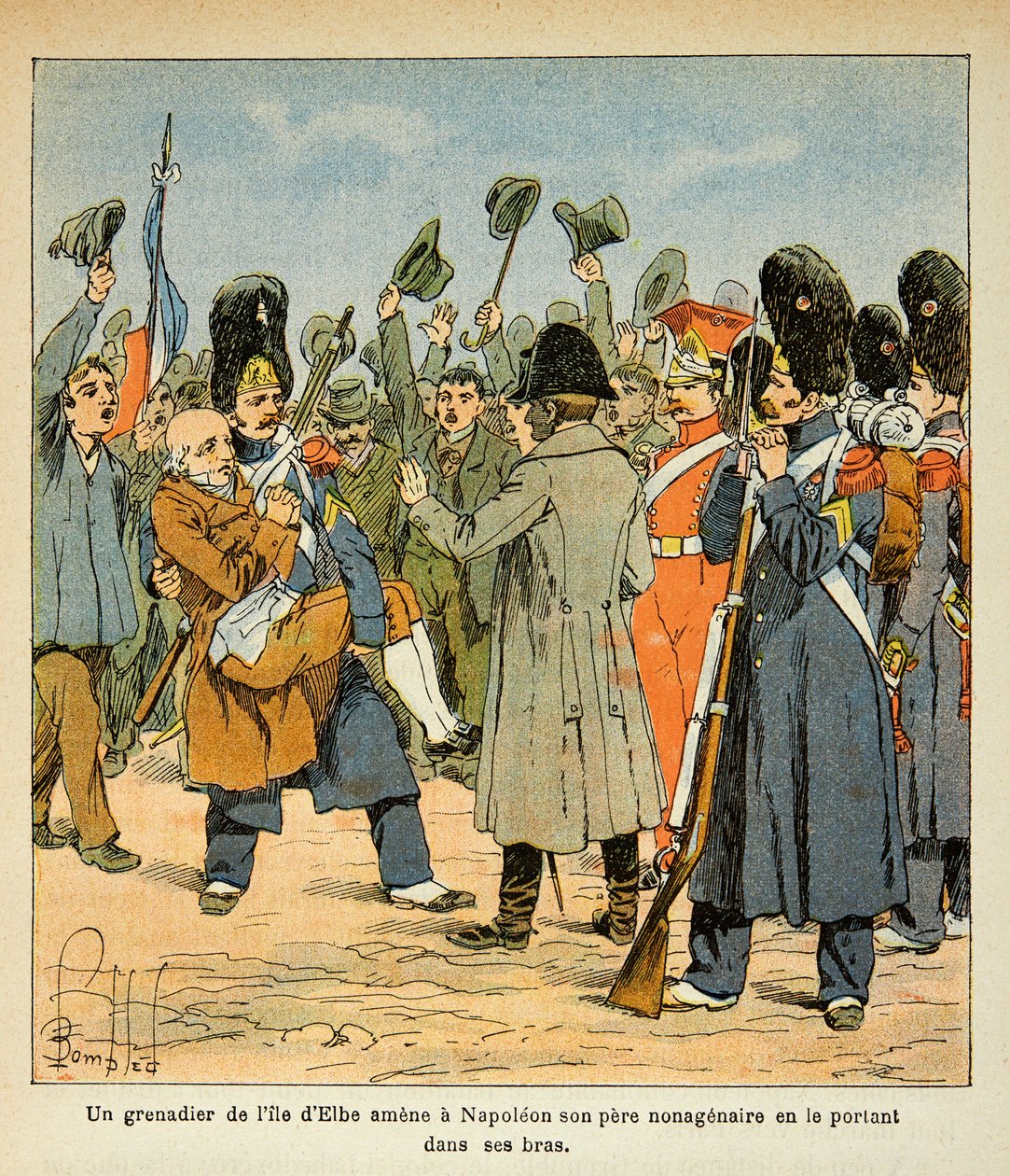 Kont Emmanuel de Las Cases'in (1766-1842) “Saint Helene Anıtı” kitabından Bombled Louis (1862-1927) çizimi: Bir el bombası, Elba Adası'ndan dönerken onu kollarında taşıyarak Napolyon'a getiriyor , Özel Kol by Louis Charles Bombled