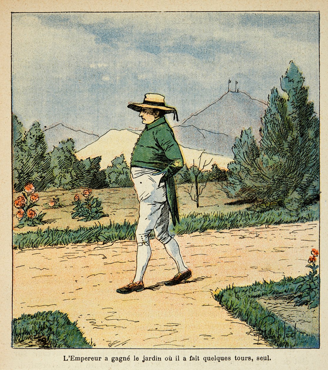 Illustration by Bombled Louis (1862-1927) from the book “The Memorial of Saint Helene” by Count Emmanuel de Las Cases (1766-1842): Emperor Napoleon walks in his garden at St. Helene in September 1816, Private Collection by Louis Charles Bombled