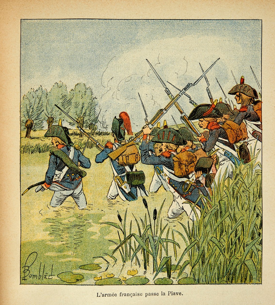 Illustration by Bombled Louis (1862-1927) from the book “The Memorial of Saint Helene” by Count Emmanuel de Las Cases (1766-1842): The French Armee passes the Piave during the Italian Campaign, Private Collection by Louis Charles Bombled