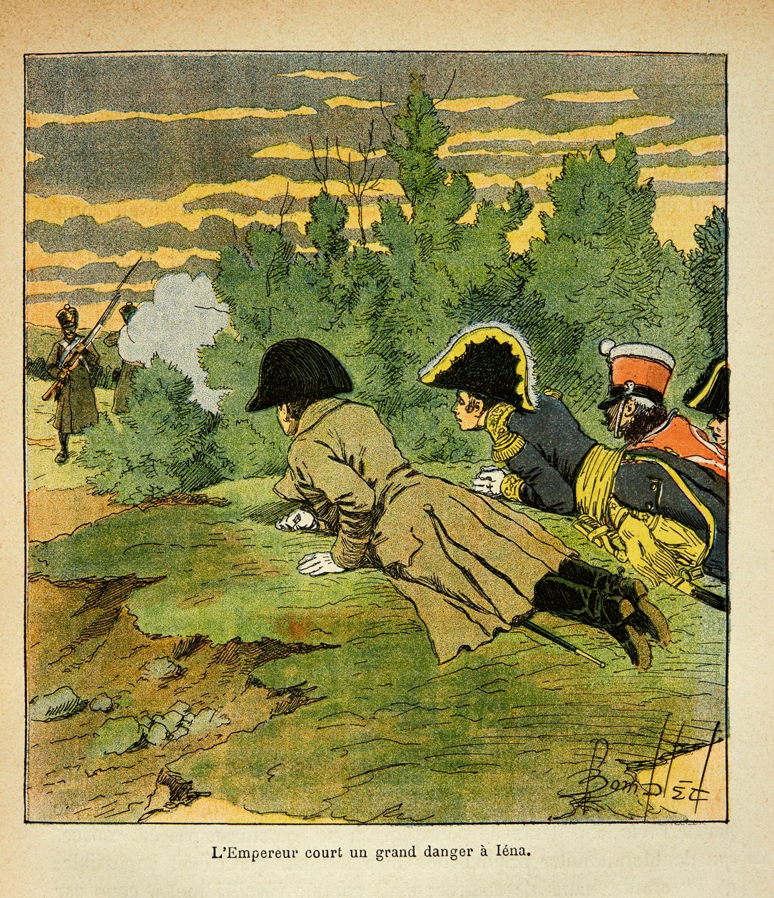 Illustration by Bombled Louis (1862-1927) from the book “The Memorial of Saint Helene” by Count Emmanuel de Las Cases (1766-1842): On the eve of the battle of Iena, Emperor Napoleon after recognizing the enemy lines, throws himself flat when a French senti by Louis Charles Bombled