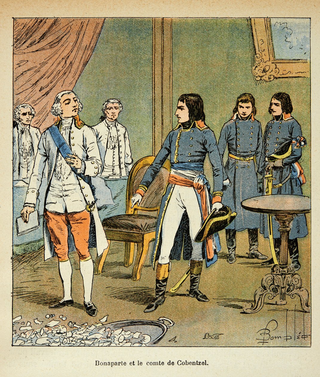 Kont Emmanuel de Las Cases'in (1766-1842) “St. Helene Anıtı” kitabından Bombled Louis (1862-1927) çizimi: Campo Formio ticareti sırasında Bonaparte ve Avusturya Şansölyesi Kont Louis Cobenzl arasındaki röportaj, Özel koleksiyon by Louis Charles Bombled