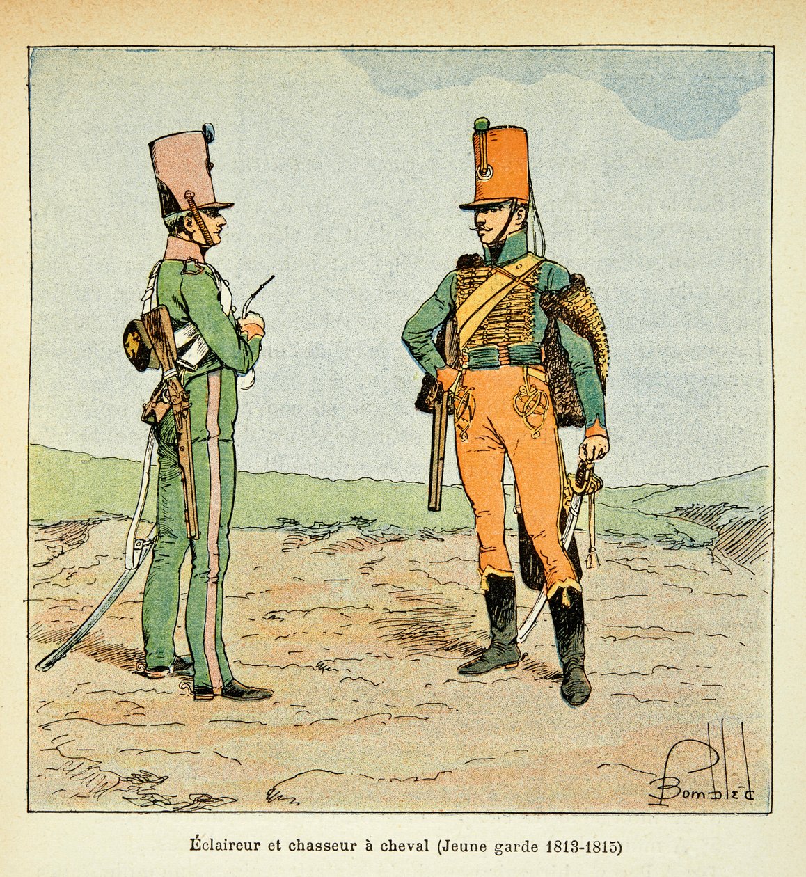 Illustration of Bombled Louis (1862-1927) from the book “The Memorial of Saint Helene” by Count Emmanuel de Las Cases (1766-1842): Armee Francaise: Scout and hunter of the young guard 1813 - 1815, Private collection by Louis Charles Bombled