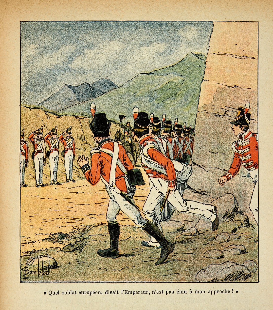 Illustration of Bombled Louis (1862-1927) from the book “The Memorial of St. Helene” by Count Emmanuel de Las Cases (1766-1842): Emperor Napoleon greets by the garrison of St. Helene, Private Collection by Louis Charles Bombled