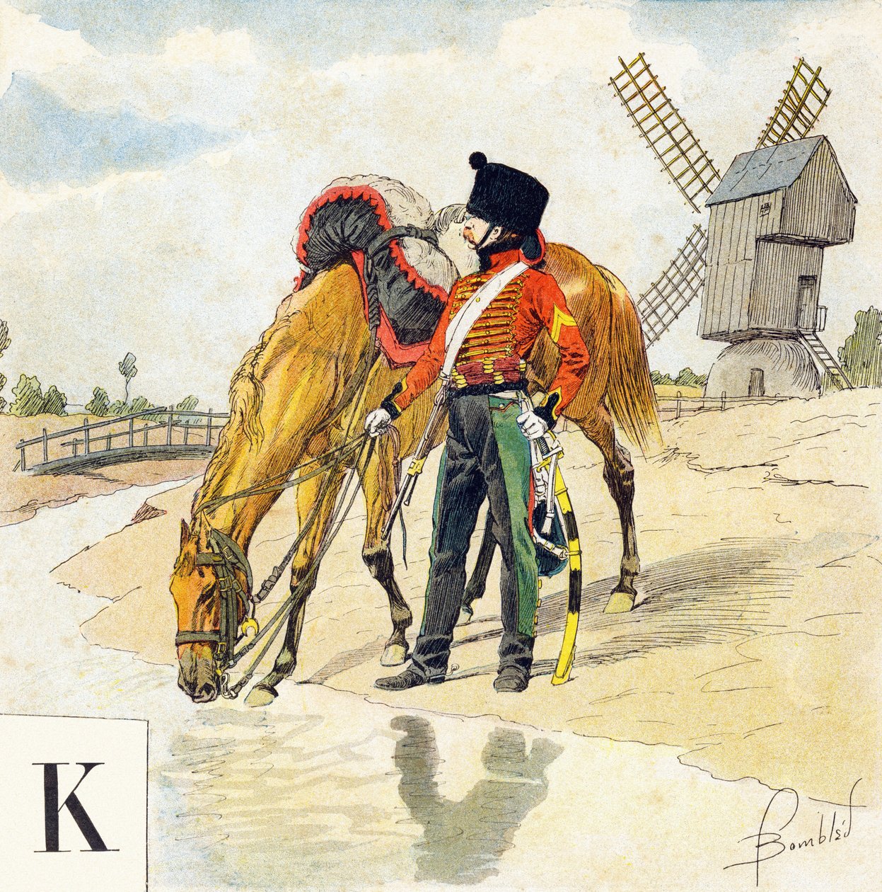 K harfi: Kolbach (colback, colbaque), birinci ve ikinci imparatorlukların Fransız atlılarının şapkası, "Je serai soldat”( Asker olacağım) - Askeri alfabe by Louis Charles Bombled