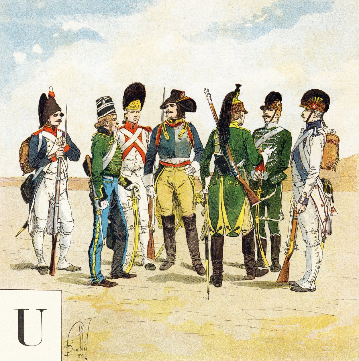 U Harfi: Fransız ordusunun üniformaları, "Je serai soldat”( Asker olacağım) - Askeri alfabe by Louis Charles Bombled